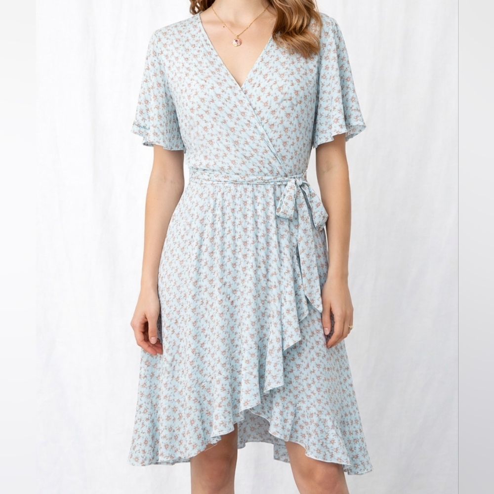Jody California Light Blue Floral Faux Wrap High Low Dress With Flutter Sleeves